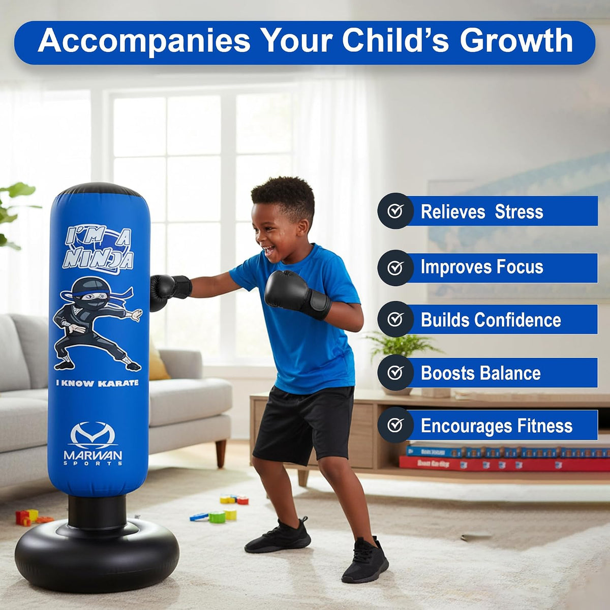 Ninja - Saco de boxeo para niños, juguete sensorial inflable y regalo de cumpleaños para niños y niñas de 4 a 12 años, kit independiente 5 en 1 de 63 pulgadas, para apartamentos