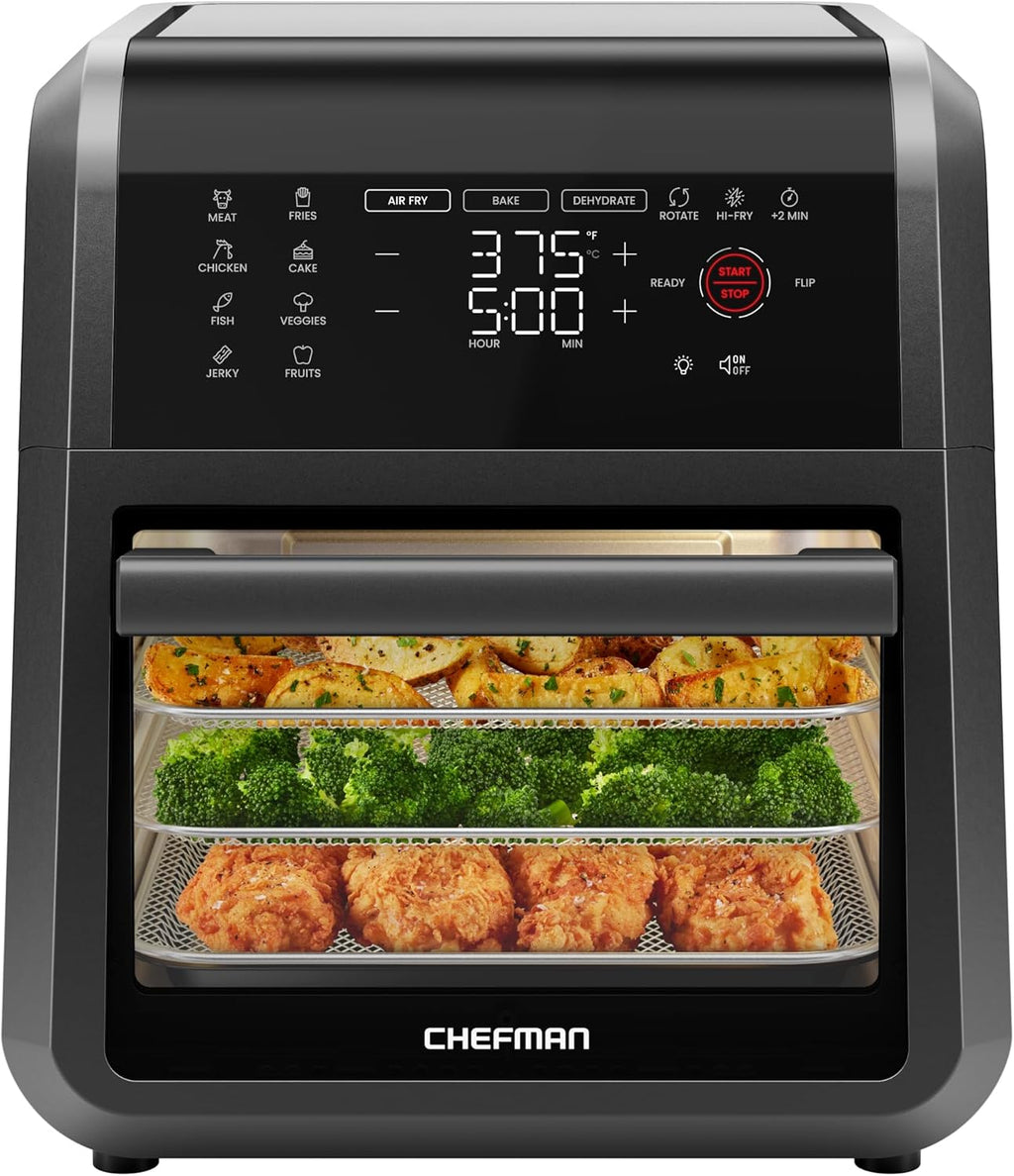 Chefman Horno freidora de aire 5 en 1 de 12 cuartos de galón con temporizador digital, pantalla táctil y 12 ajustes preestablecidos, horno de convección de encimera de tamaño familiar, piezas aptas para lavavajillas