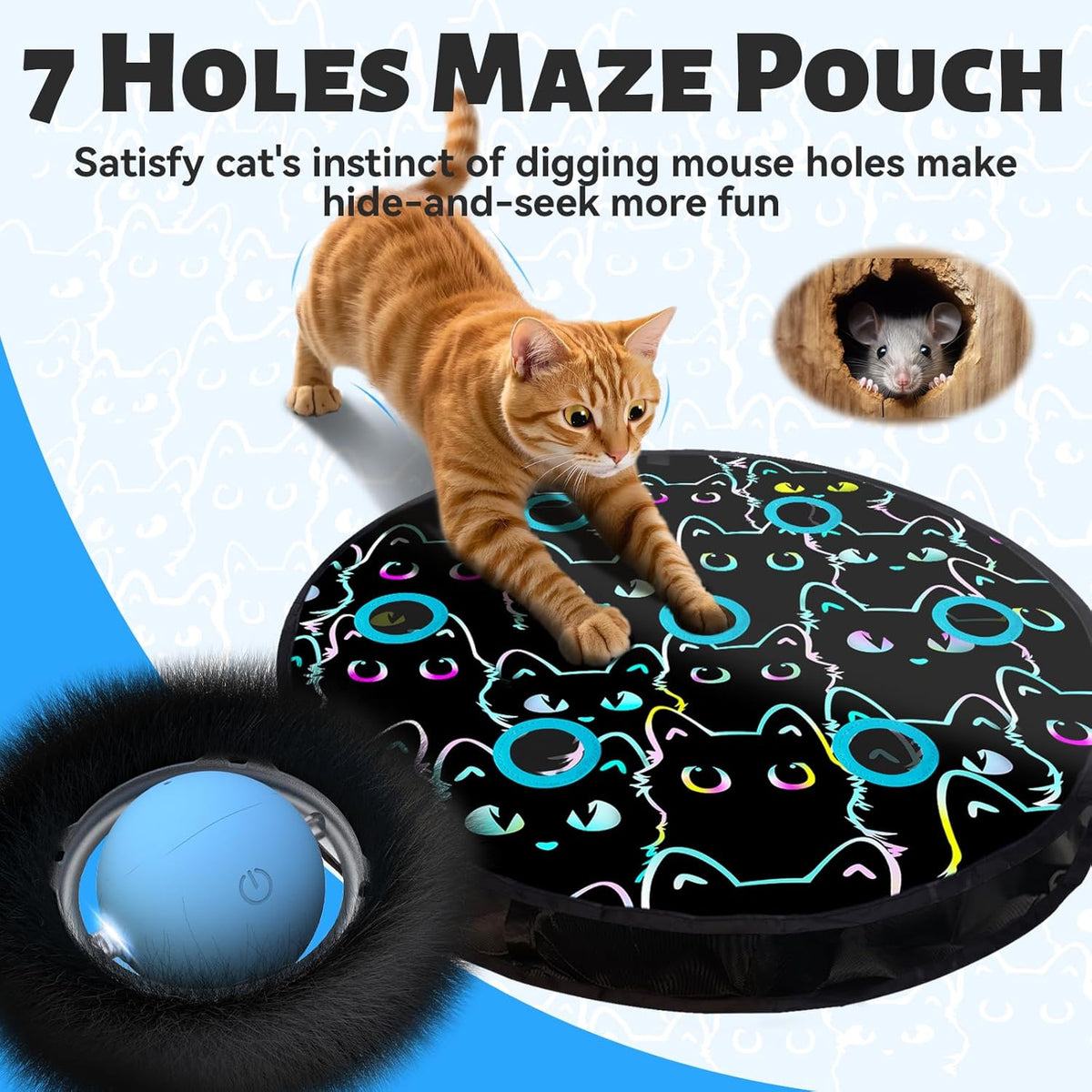 ORSDA Juguetes para Gatos, Pelota Interactiva Rodante Rápida en Bolsa, Escondite y Búsqueda para Gatos de Interior, Pelota Móvil Activada por Movimiento con Chirrido, Juego de Atrapar Ratones con