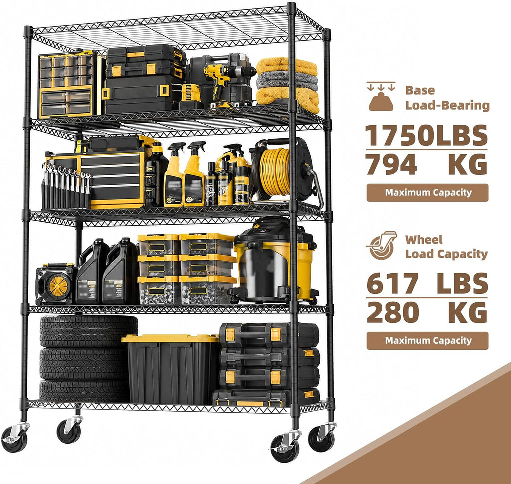 M MZG Estantería de garaje resistente con 5 estantes, estante de almacenamiento ajustable para cocina, lavandería, baño, despensa, capacidad de 1750 libras, color negro, 17.7 x 47.3 x 75.6 pulgadas