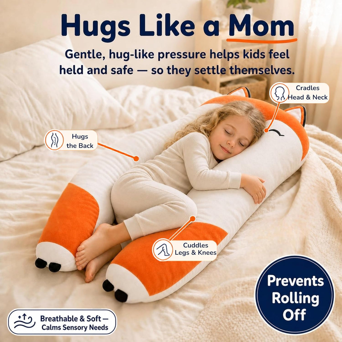 Almohada de cuerpo en forma de zorro para niños - Almohada larga de felpa suave en forma de U de 47" para niños, para dormir, leer, comodidad para ADHD y necesidades especiales, ansiedad