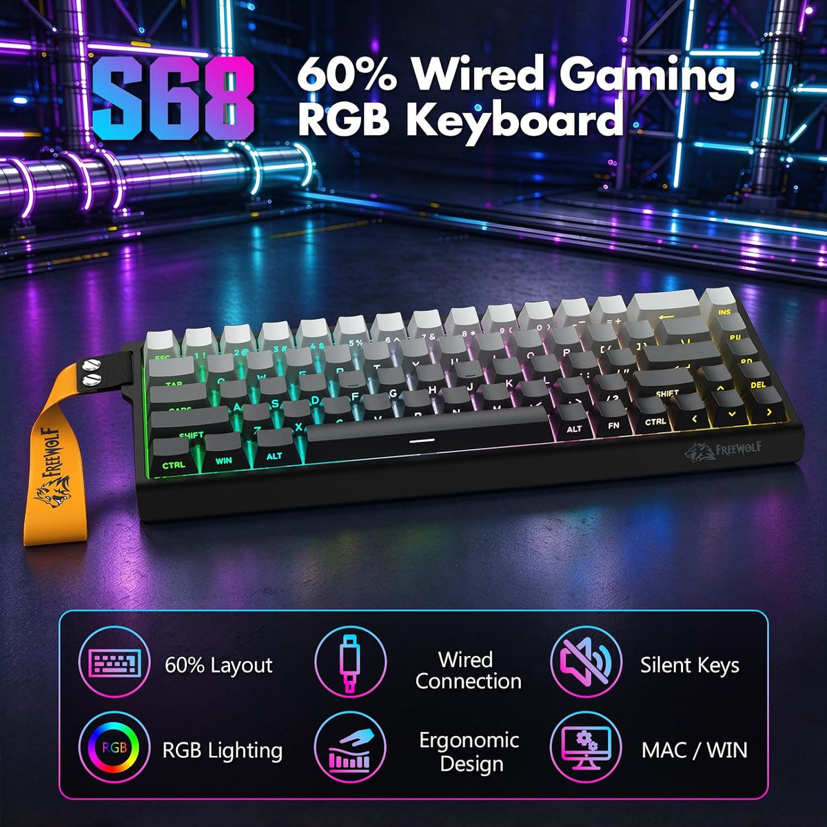 FREEWOLF S68 - Teclado para juegos con cable, teclado PBT de 68 teclas RGB