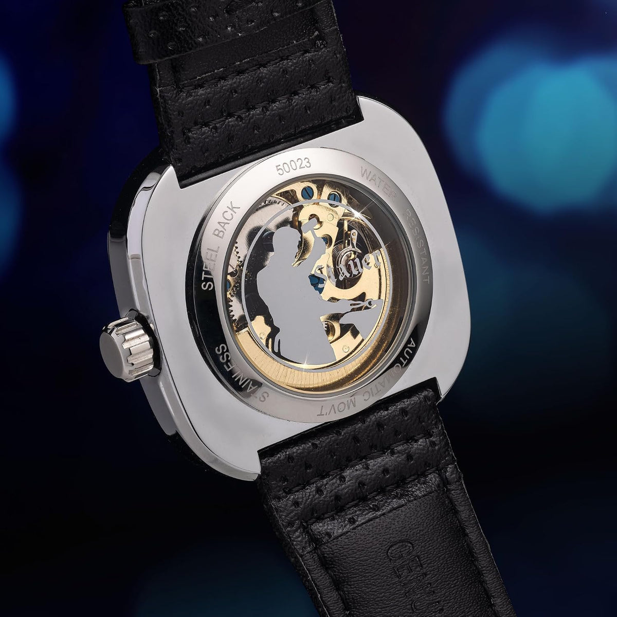 Stauer Reloj automático de esqueleto cuadrado para hombre, funda de cojín plateada de 1.732 pulgadas, esfera negra de corazón abierto, movimiento mecánico de 21 joyas, correa de cuero