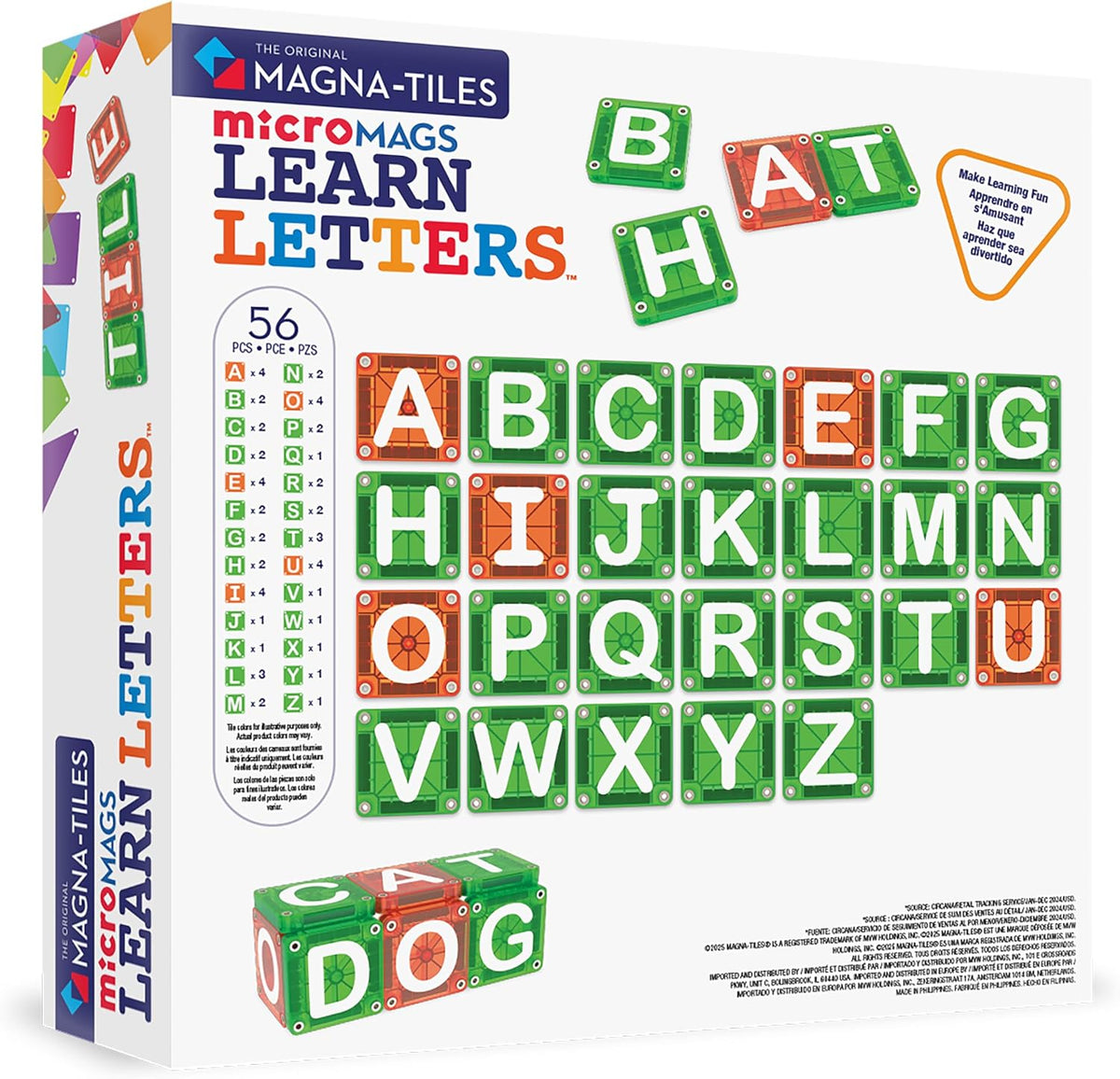 MAGNA-TILES MicroMAGS Learn Letters - Juego de construcción magnética de 56 piezas, la marca original de construcción magnética