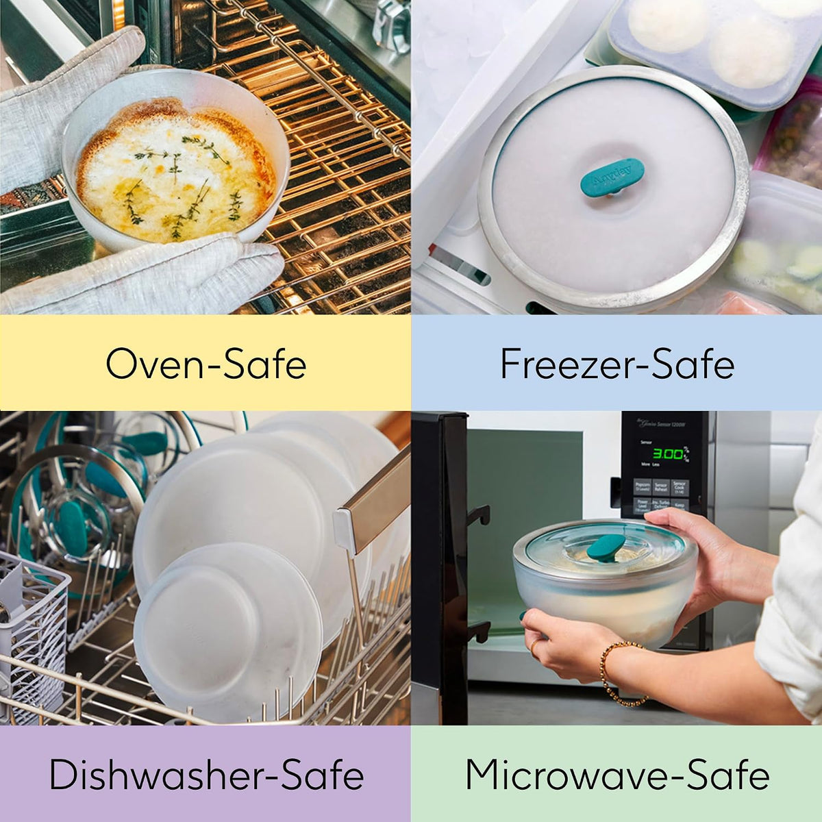 Anyday Paquete de 2 coladores de 4 tazas con clip de silicona y platos profundos | Sin plástico, sin BPA, utensilios de cocina para microondas y almacenamiento de alimentos con tapas de vidrio (Kale)
