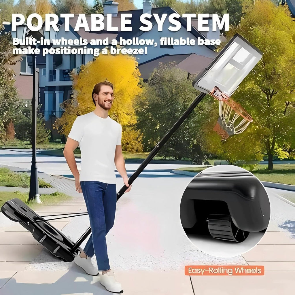 DUMOS Aro de Baloncesto Portátil de Altura Ajustable de 10 Pies para Exteriores para Adultos, Tablero Irrompible de 44 Pulgadas con Aro Absorbente de Impactos, Base Rellenable, 2 Ruedas para Piscina