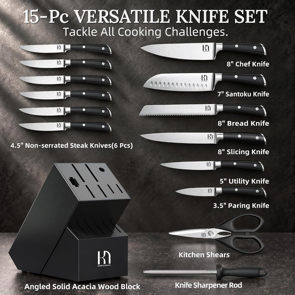 KnifeSaga - Juego de bloques de cuchillos de 15 piezas con afilador, espiga