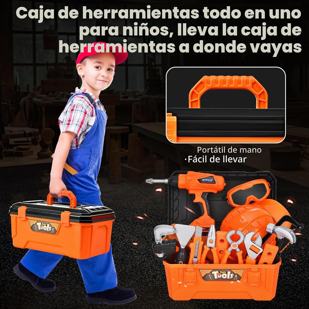 Juego de herramientas para niños de 48 piezas con casco duro y caja de herramientas, taladro de juguete realista para niños