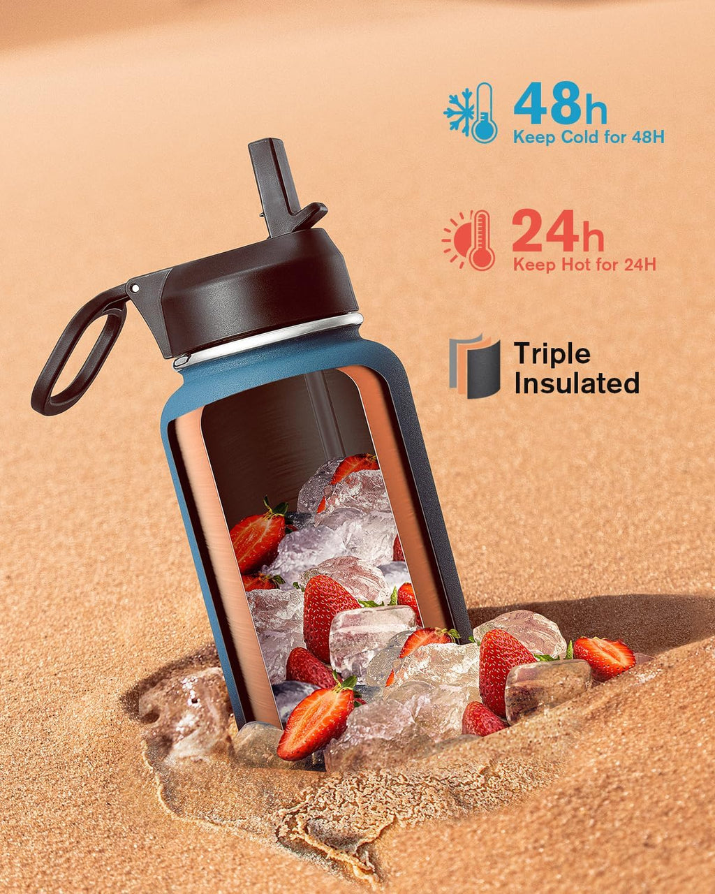 Coolflask Botella de agua de 40 onzas aislada con popote y 3 tapas a prueba