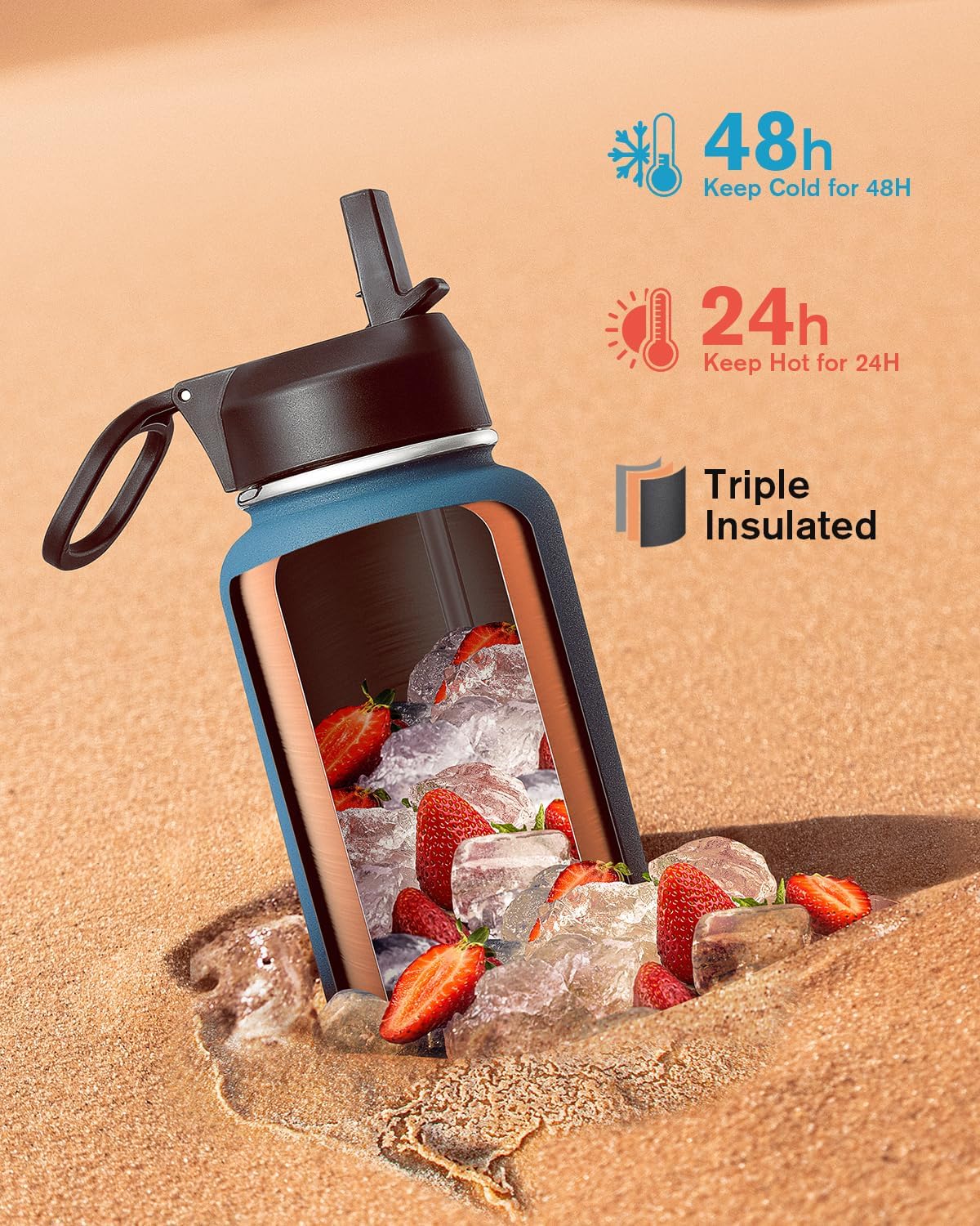 Coolflask Botella de agua de 40 onzas aislada con popote y 3 tapas a prueba