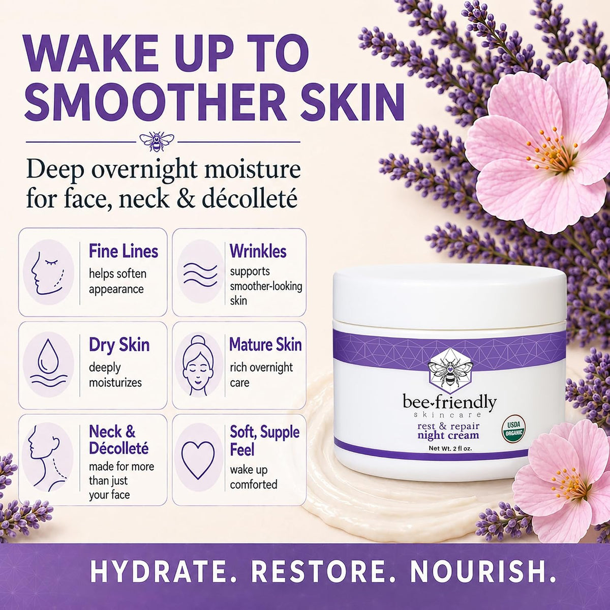 BeeFriendly Crema de noche orgánica, certificada por USDA, hidratan...