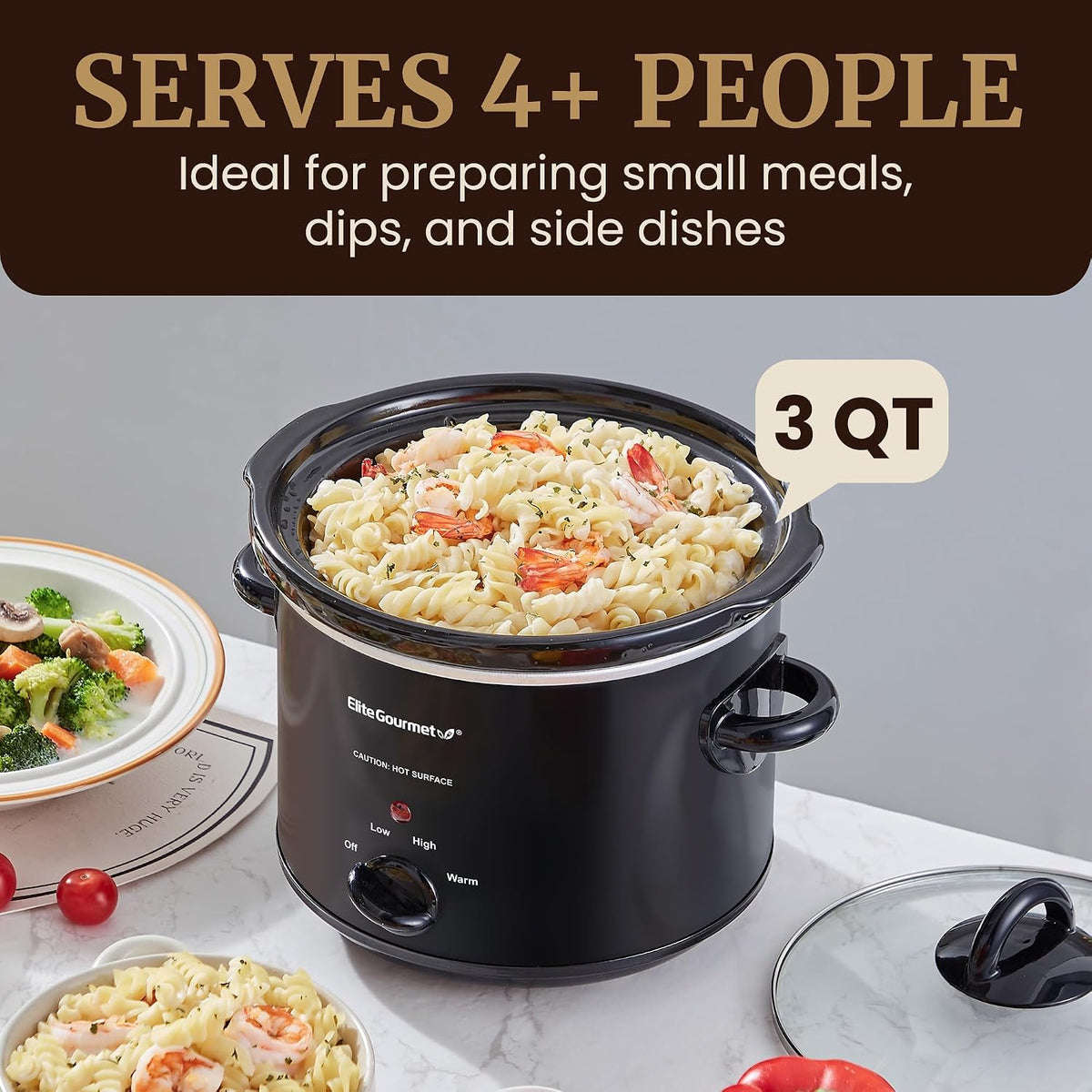 Elite Gourmet MST-350B - Olla eléctrica de cocción lenta, temperatura ajustable, para preparar entradas, salsas y guisos, con tapa de vidrio apta para lavavajillas y cacerola (3 cuartos de galón