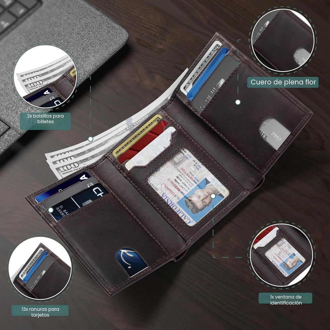SERMAN BRANDS Billetera plegable para hombre - Cuero genuino con bl...