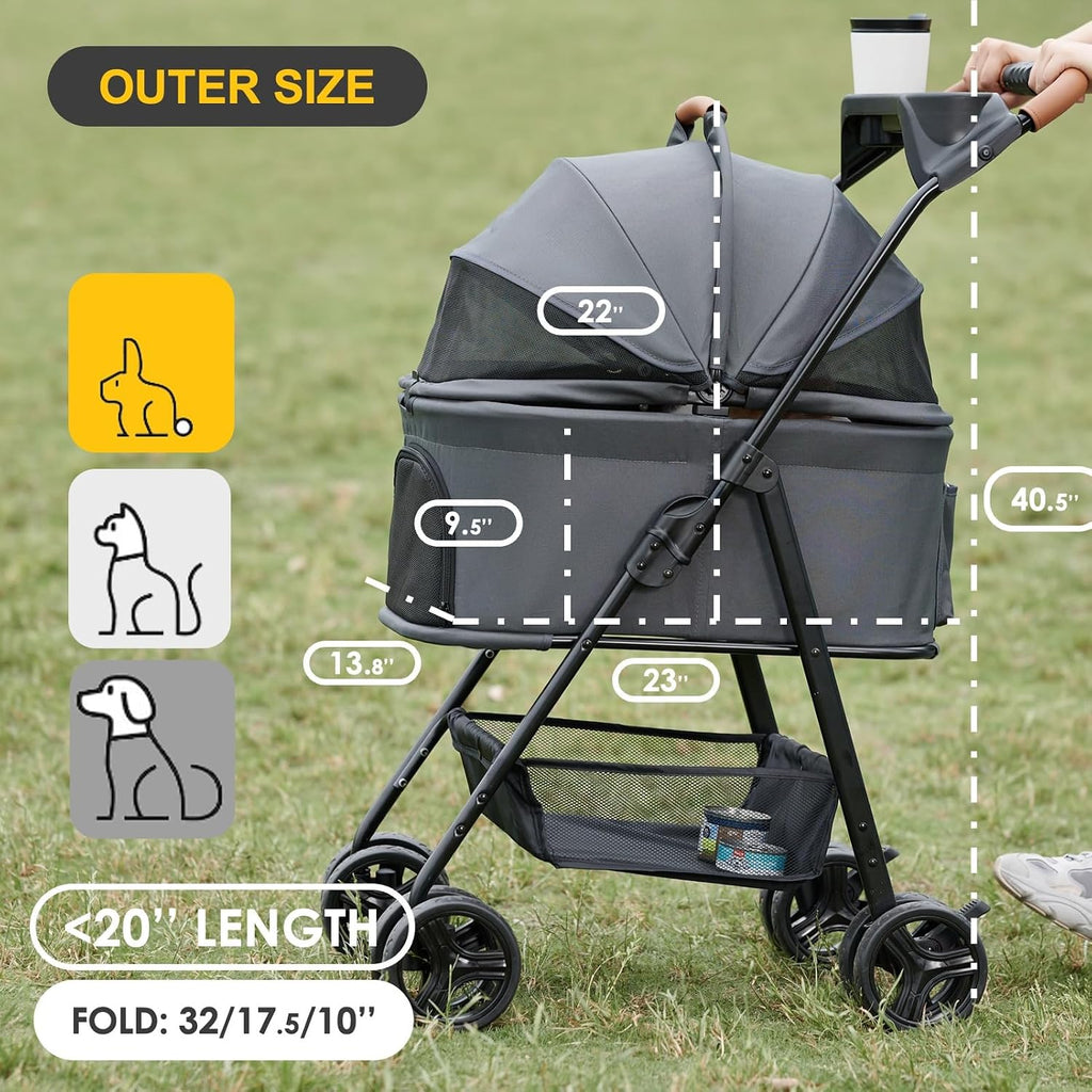 Zoosky Cochecito para mascotas 3 en 1 con transportador extraíble, cochecito plegable para perros y gatos pequeños/medianos, impermeable, todo terreno, con parasoles, asiento de coche