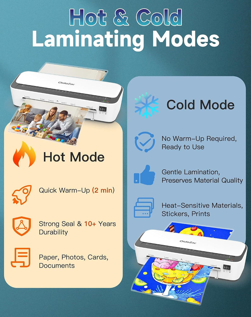 Máquina laminadora OidoZac, tecnología anti-atascos de 11 en 1 con 36 hojas laminadoras, laminadora térmica de 9 pulgadas A4 en caliente y frío con cortador de papel para uso en casa, oficina y