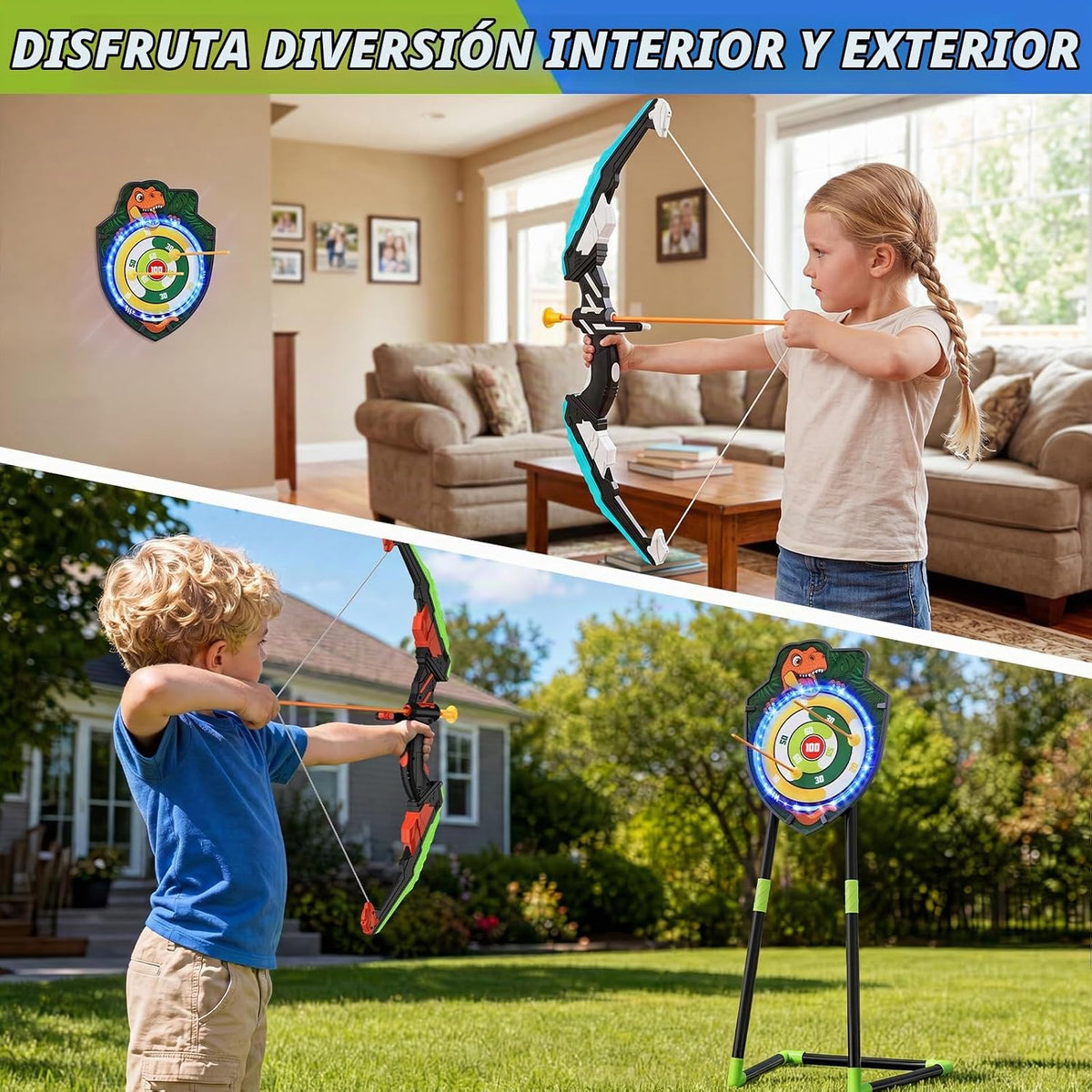 Bow y Arrow para Kids, LED Light Up Archery Set, Indoor Outdoor Sport Gifts para Boys Girls Ages 4-12