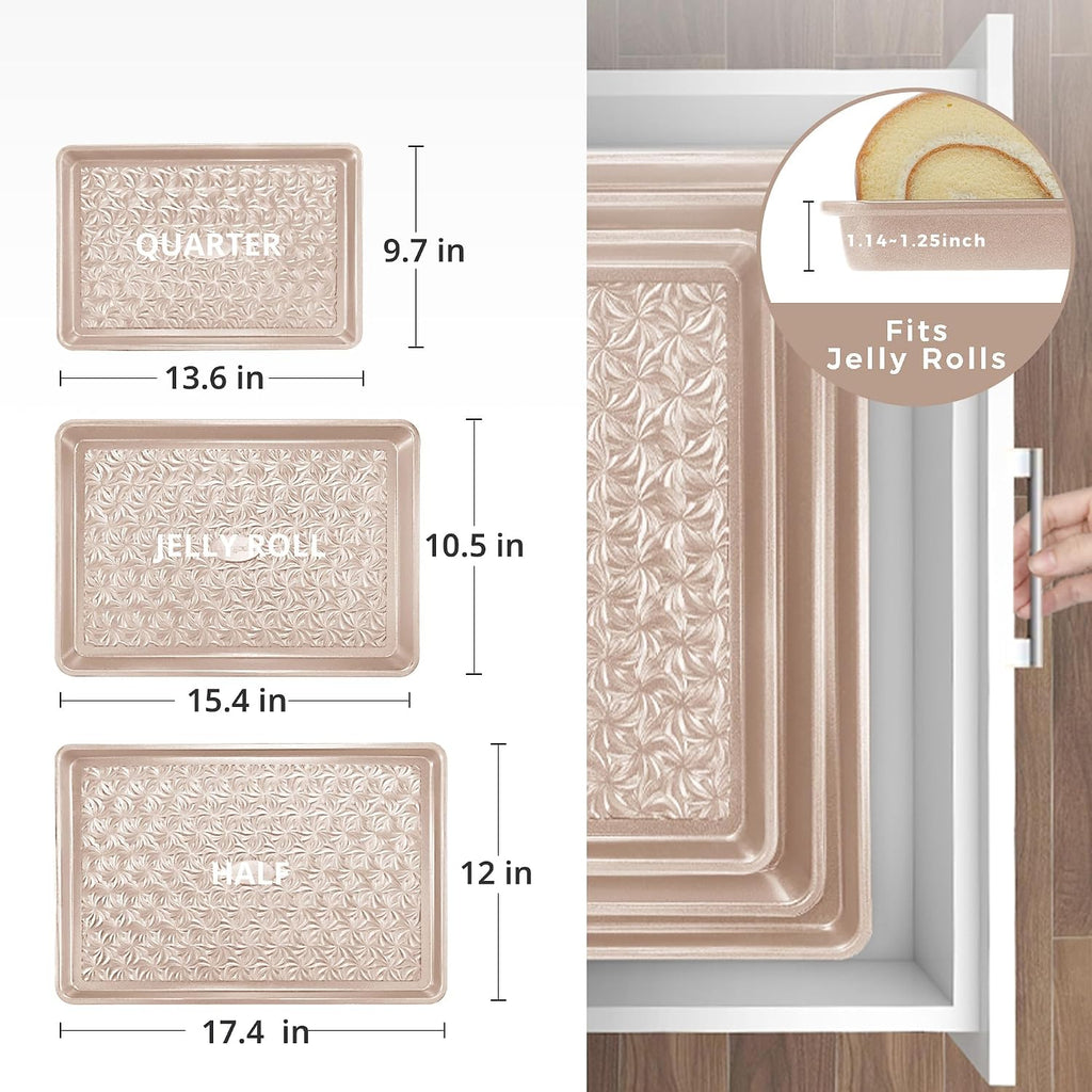Juego de 3 bandejas antiadherentes para horno, bandejas de horno no tóxicas de medio cuarto/gelatina con textura de remolino floral, bandejas de horno resistentes de 0.031 in de grosor para