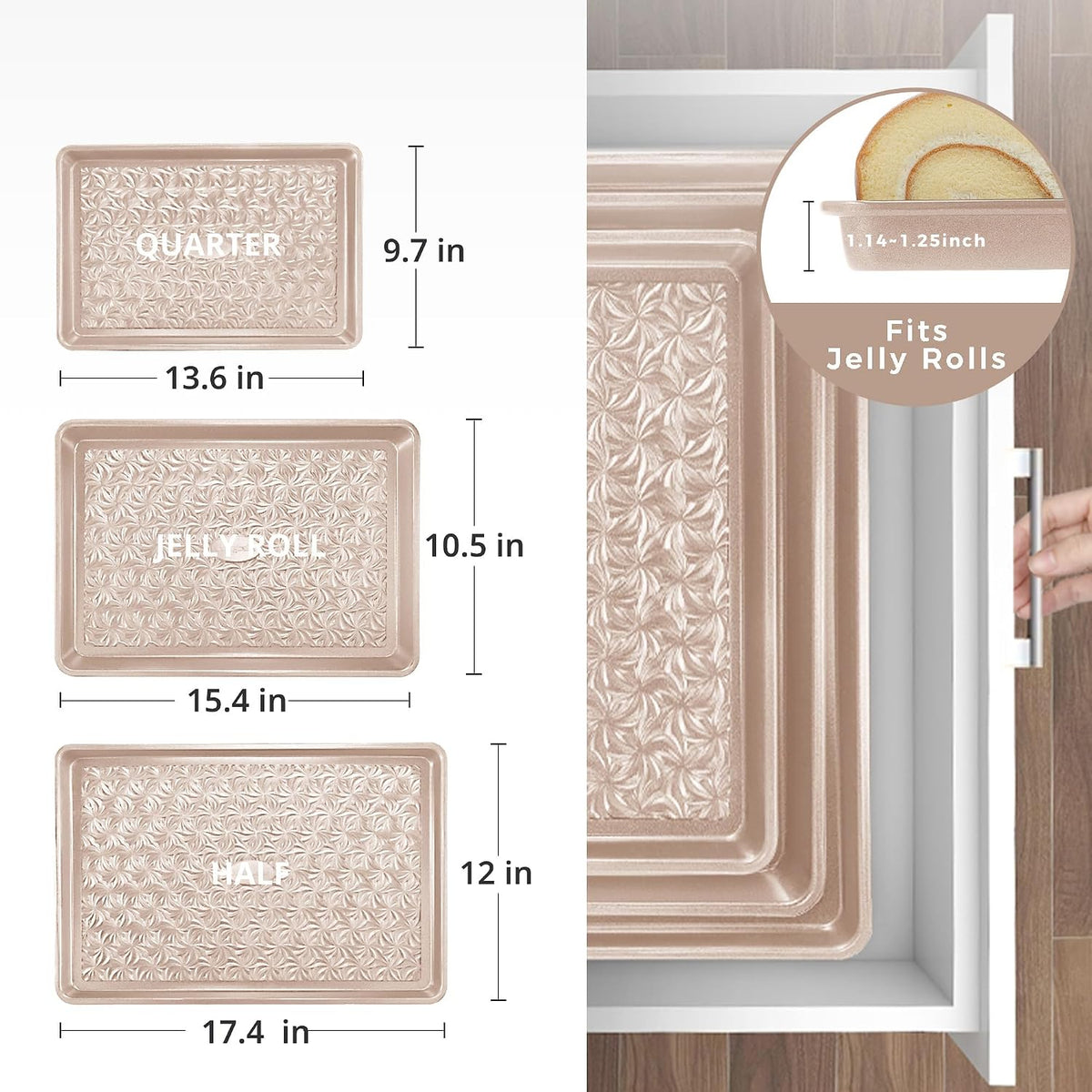 Juego de 3 bandejas antiadherentes para horno, bandejas de horno no tóxicas de medio cuarto/gelatina con textura de remolino floral, bandejas de horno resistentes de 0.031 in de grosor para