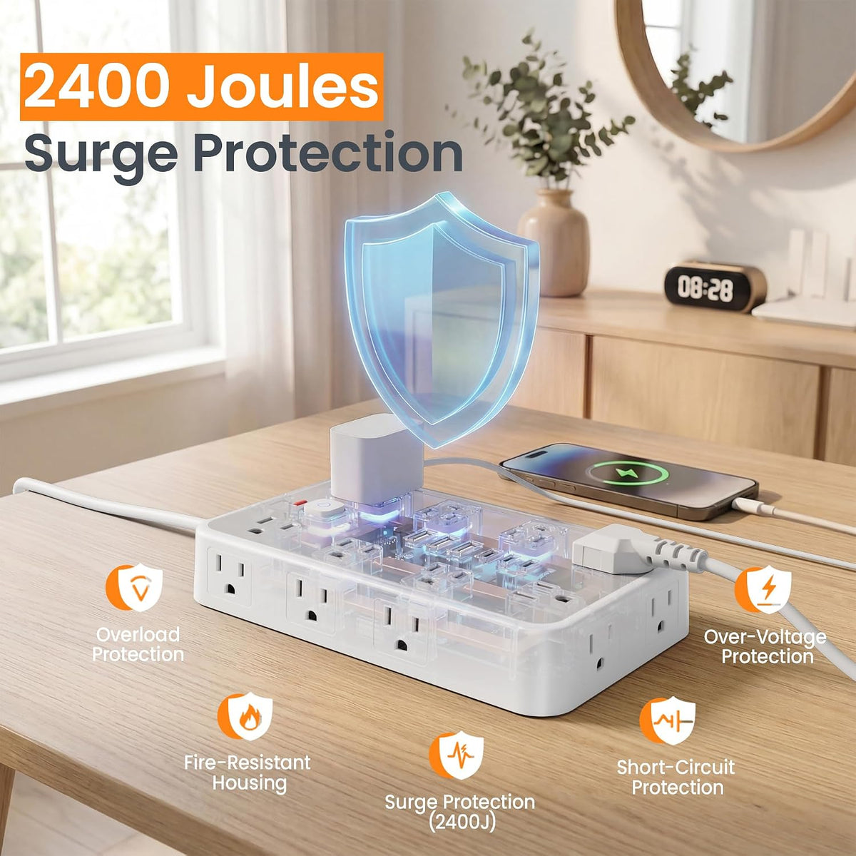Regleta de protección contra sobretensiones de 6 pies con 6 USB