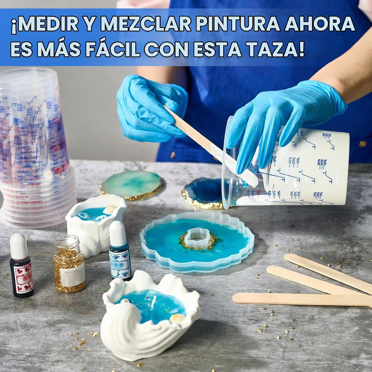 Paquete de 100 vasos de plástico para mezclar, 20 oz (600ml), vasos medidores desechables con 50 varillas de mezcla de madera, relaciones de medición: 2:1, 3:1, 4:1, adecuado para resina epoxi