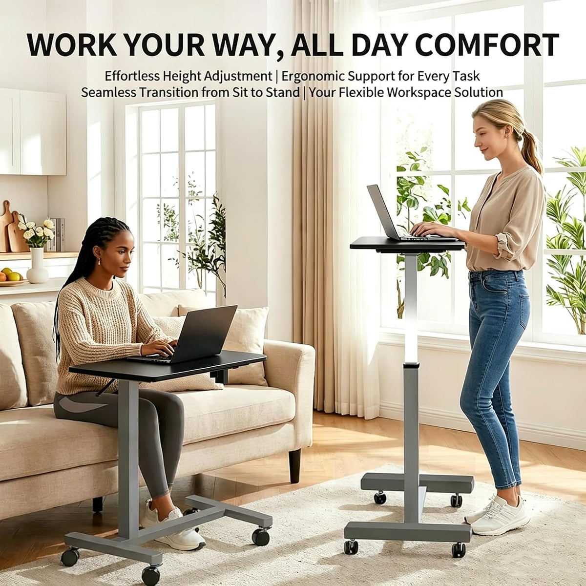 Mesa de noche ajustable con ruedas, mesa de noche neumática con elevación de altura, escritorio de pie para uso doméstico y oficina, ideal para personas mayores y movilidad limitada (negro)