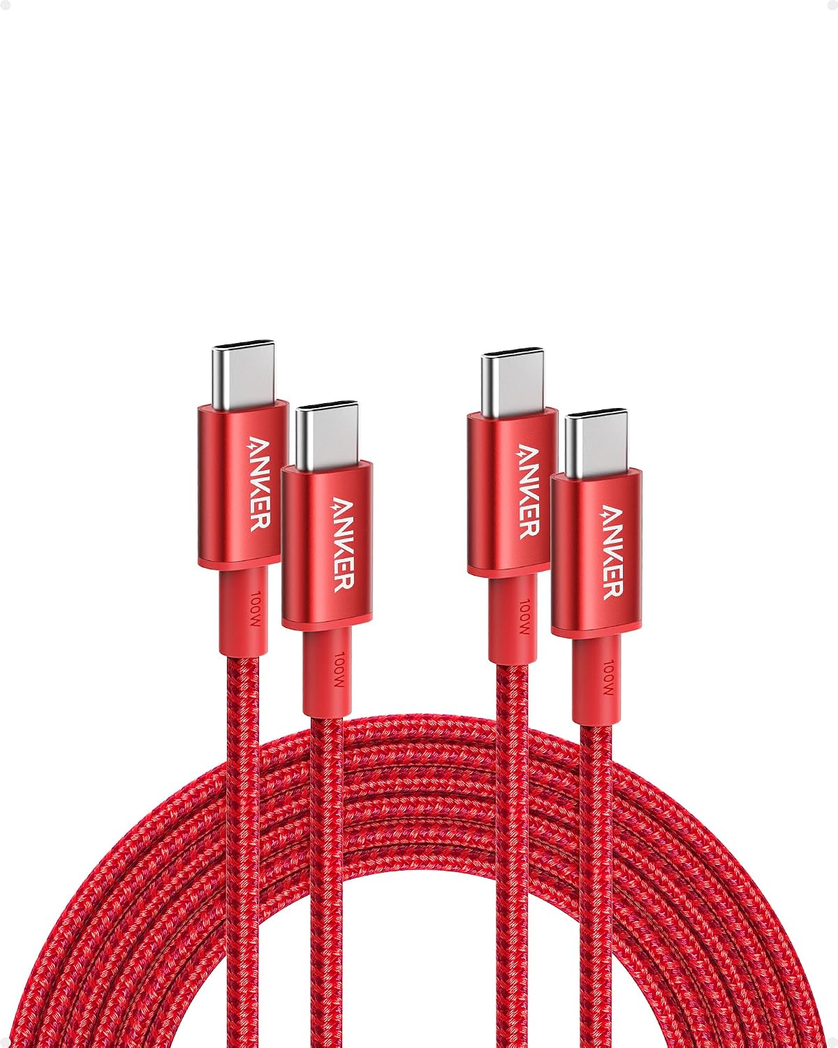Anker - Cable USB C a USB C, cable de carga rápida de 100 W (paquete de 2, 10 pies, rojo)