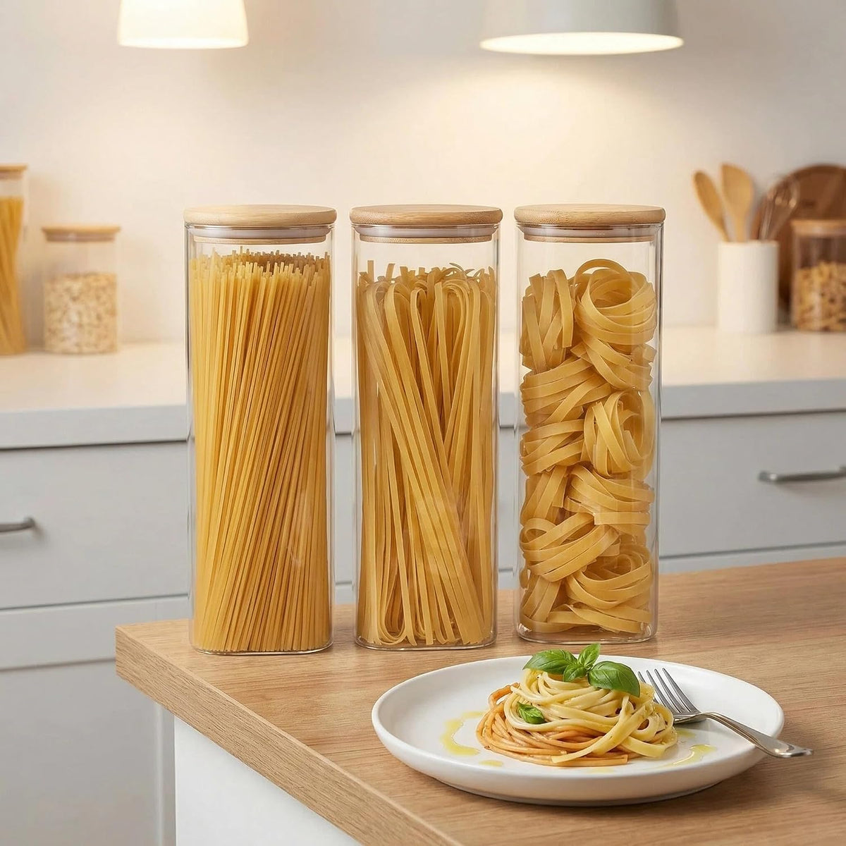 Contenedores herméticos de vidrio con tapas, paquete de 9 recipientes de almacenamiento de despensa y pasta, 25/37/51/78 onzas, juego de recipientes cuadrados de cocina para harina, azúcar