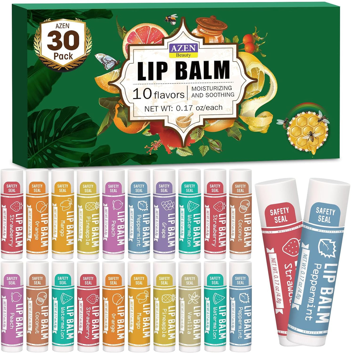 AZEN Paquete de 30 bálsamos labiales, bálsamo labial natural a gran...