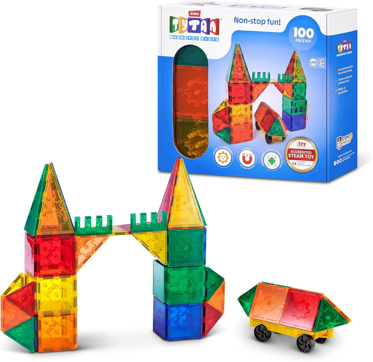 Tytan ZURU - Juego de construcción de azulejos magnéticos de 100 piezas, colorido juguete de construcción STEM con formas variadas, base con ruedas para construcciones móviles y bolsa de transporte