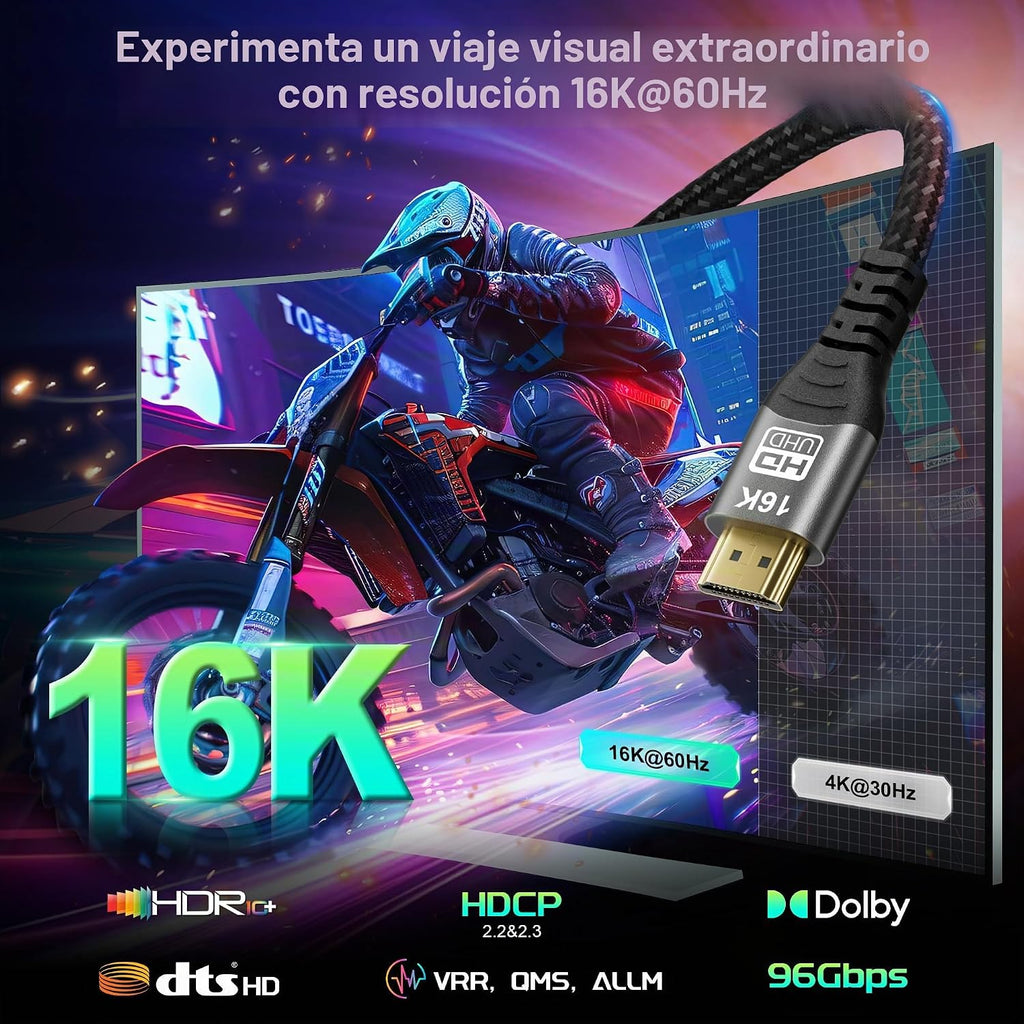 Cable HDMI 2.2 de 16K 10K 8K 96 Gbps 5 pies, cable HDMI® de ultra alta velocidad 16K 30Hz 8K/120Hz 4K 240HZ eARC HDCP 2.2 y 2.3 HDR10+ Dolby compatible con PS5 PlayStatio5 TV PC Monitor Xbox Series