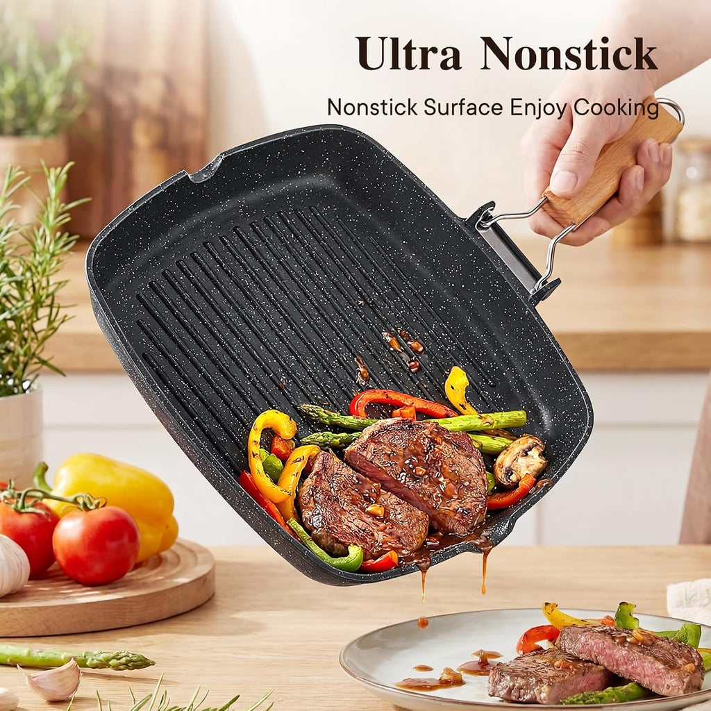 GiPP Sartén antiadherente con mango plegable, sartén cuadrada para parrilla, sartén para asar con boquillas de vertido, sartén versátil para todas las estufas, libre de PFOA, 13.4 pulgadas