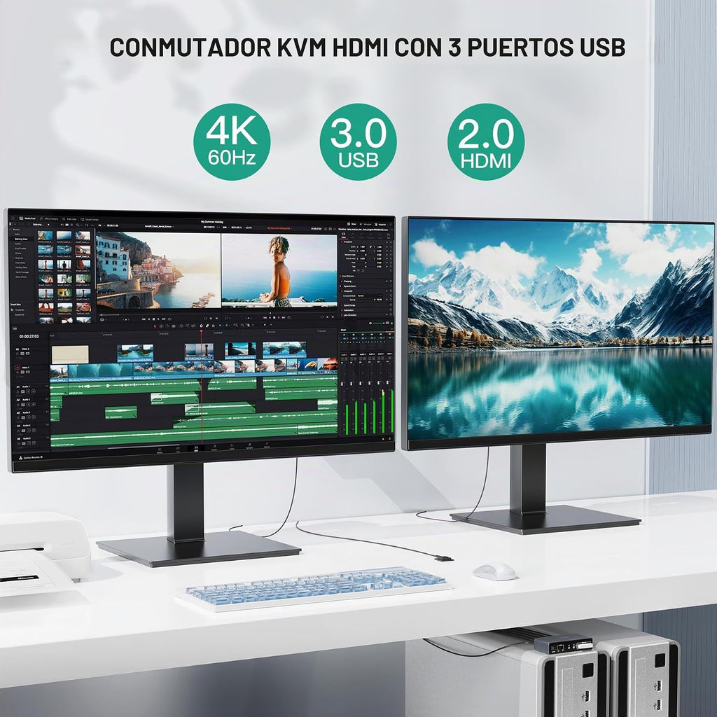 Conmutador KVM HDMI 2 monitores 2 computadoras - 4K@60Hz aluminio