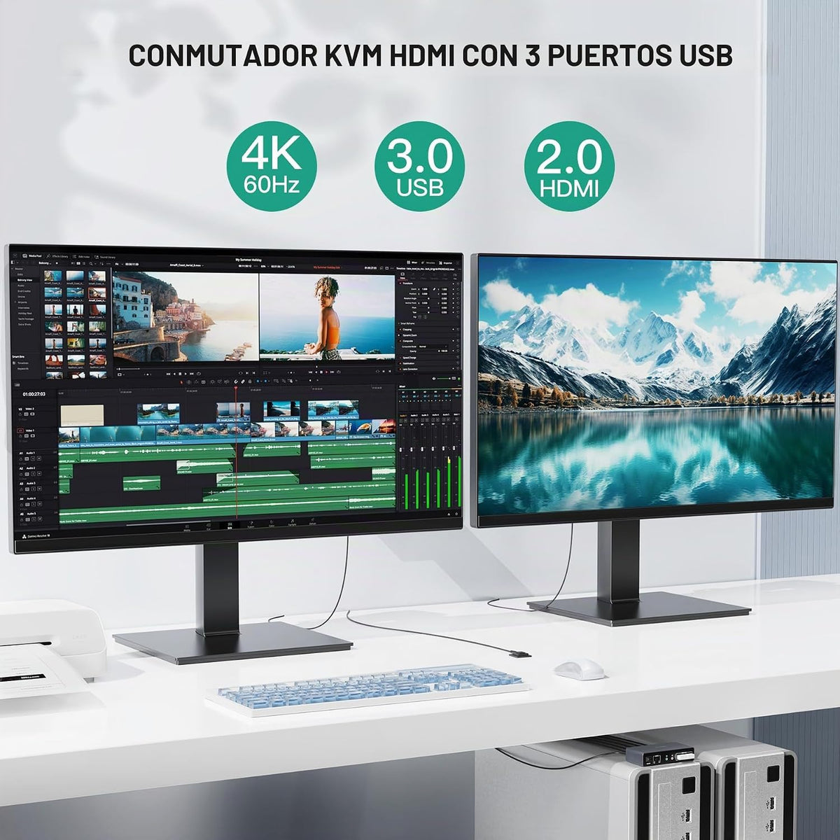 Conmutador KVM HDMI 2 monitores 2 computadoras - 4K@60Hz aluminio