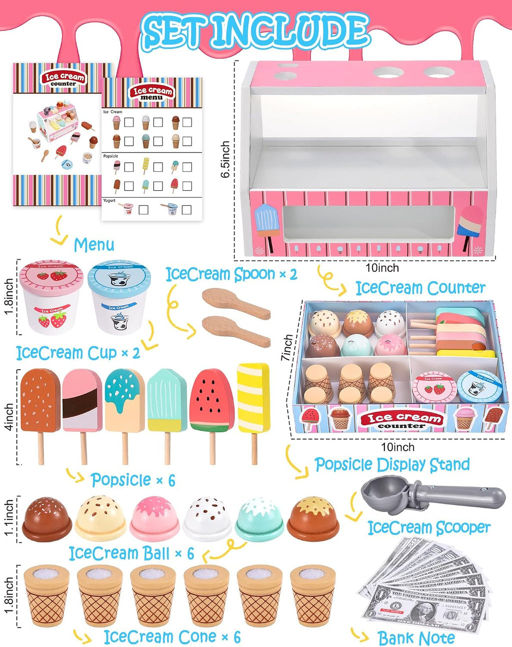 Juguetes de helado de madera para niños, tienda de juegos de cocina para niños pequeños, accesorios de cocina con cucharada, menú y dinero falso, juguetes de madera para cumpleaños de niños y niñas de 3, 4, 5 años