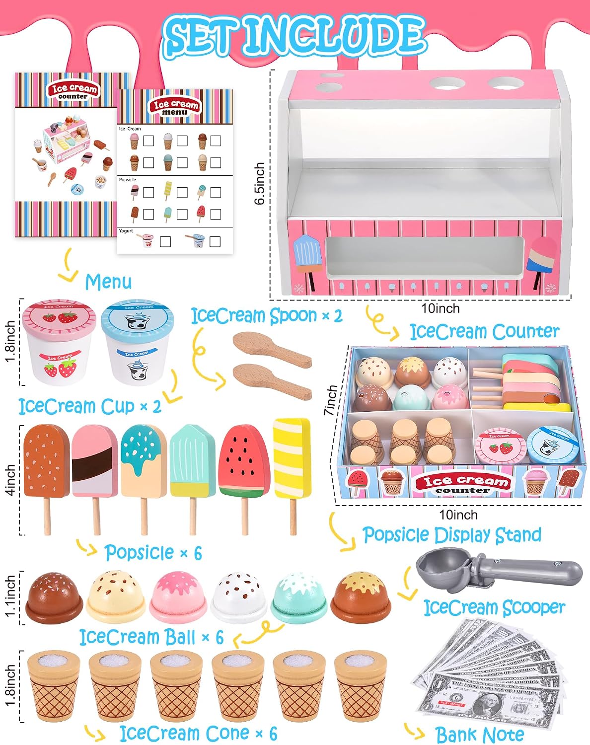 Juguetes de helado de madera para niños, tienda de juegos de cocina para niños pequeños, accesorios de cocina con cucharada, menú y dinero falso, juguetes de madera para cumpleaños de niños y niñas de 3, 4, 5 años