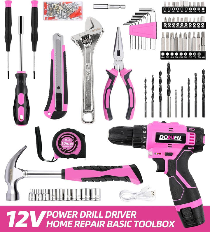 DOWELL Juego de herramientas rosa de 147 piezas con taladro inalámb...