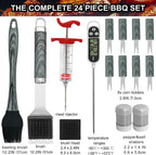 Juego de 24 herramientas para parrilla de barbacoa con termómetro de carne e inyector, tenedor de acero inoxidable extragrueso, espátula y pinzas, accesorios completos para barbacoa, regalos perfectos para el día del padre
