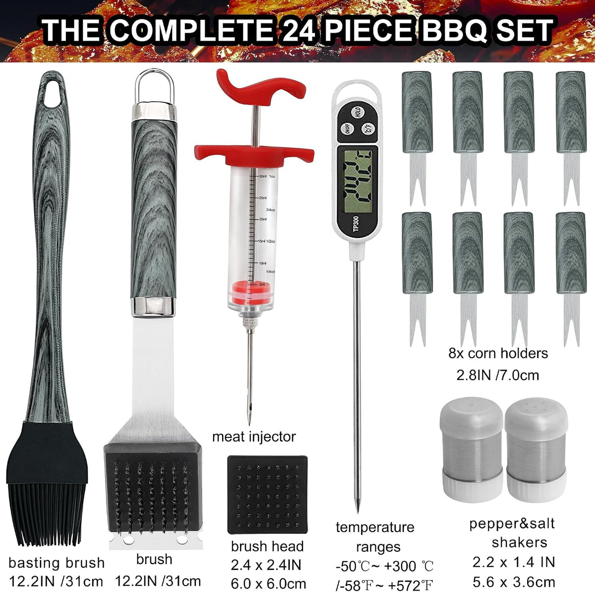 Juego de 24 herramientas para parrilla de barbacoa con termómetro de carne e inyector, tenedor de acero inoxidable extragrueso, espátula y pinzas, accesorios completos para barbacoa, regalos perfectos para el día del padre