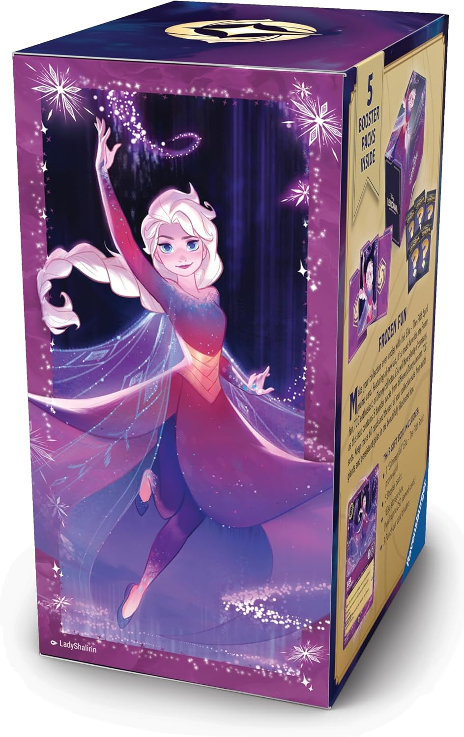 Ravensburger Disney Lorcana TCG: Caja de regalo Elsa – 5 paquetes de refuerzo, tarjeta promocional de The Fifth Spirit y caja de almacenamiento para 252 tarjetas | Juego de cartas coleccionables y coleccionables de Disney | A partir de 8 años