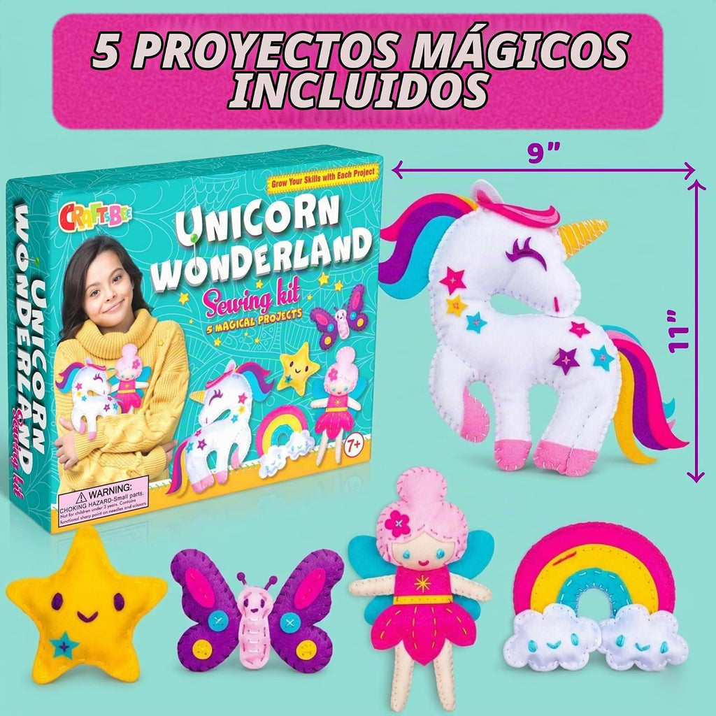 CRAFTSBEE Kids Sewing Kit Ages 7-12, Make 5 Large Unicorn Felt Plushies