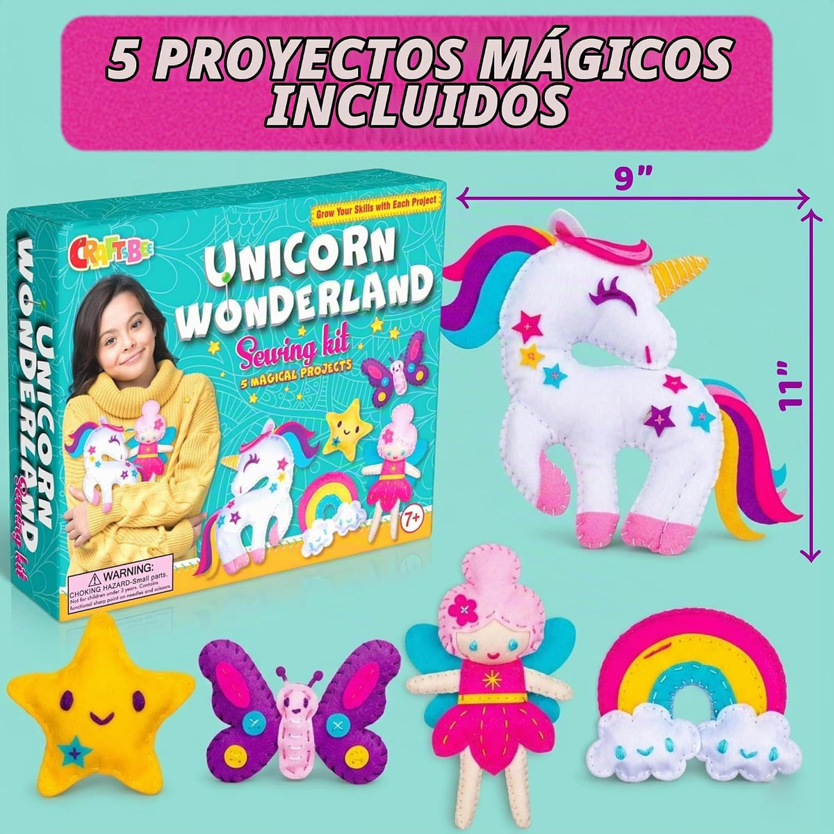 CRAFTSBEE Kids Sewing Kit Ages 7-12, Make 5 Large Unicorn Felt Plushies