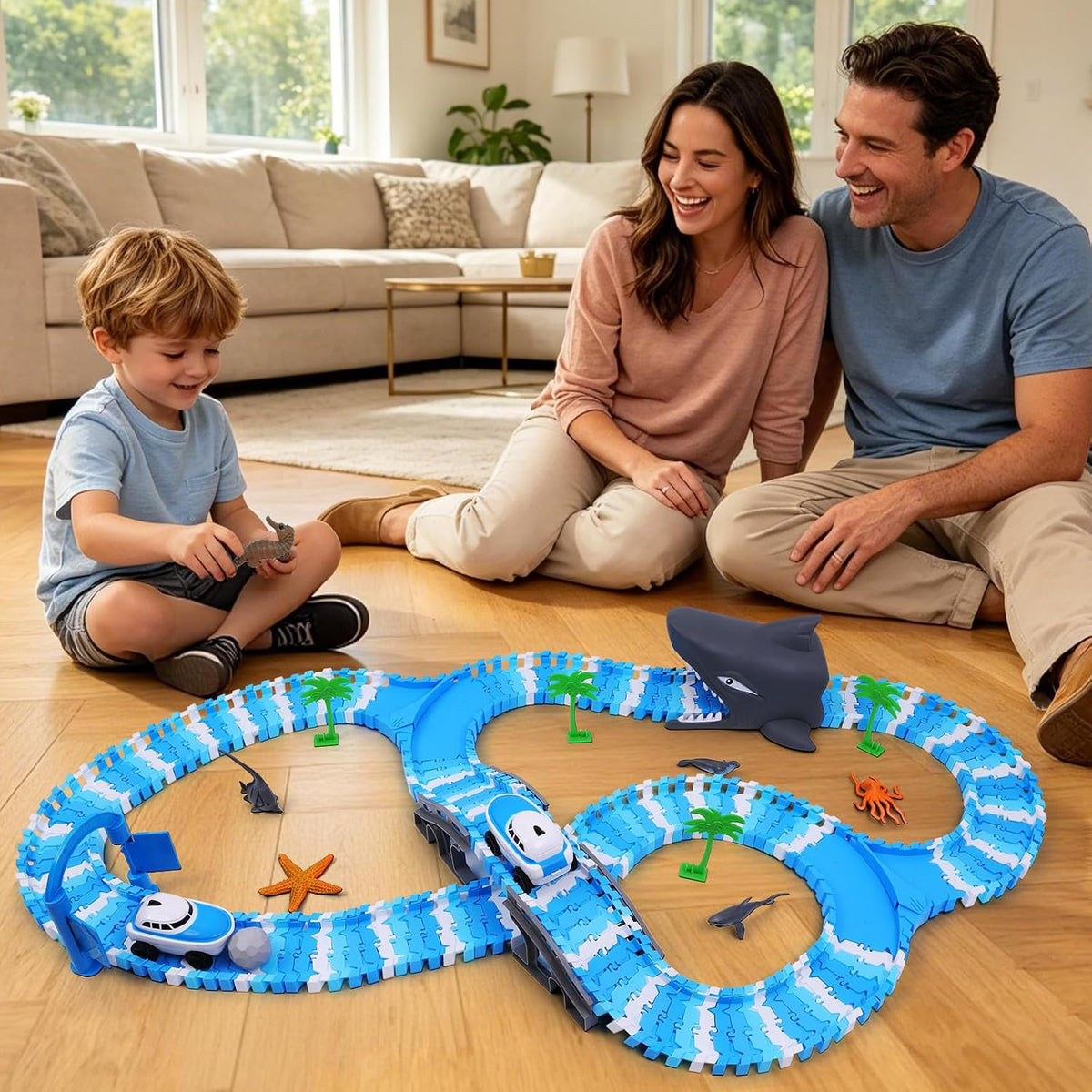Pistas de carreras flexibles con temática oceánica para niños, regalo de cumpleaños para niños de 3, 4, 5, 6, 7 años, más de 240 piezas, juego de pista de automóvil construible con túnel de