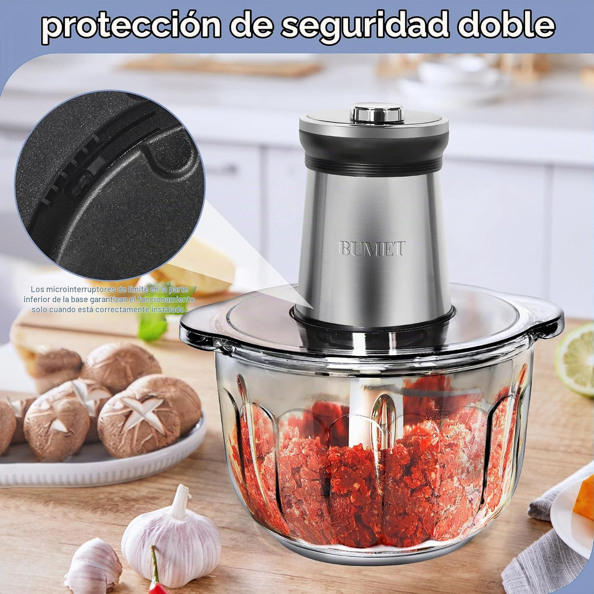 Cuenco de vidrio de 16 tazas 850 W procesador eléctrico de alimentos, temporizador LED. Cuchilla de 6 filos de corte de 3 niveles para picar, picar, ideal como picadora de carne, picadora de verduras frescas, proceso de alimentos para mascotas en la