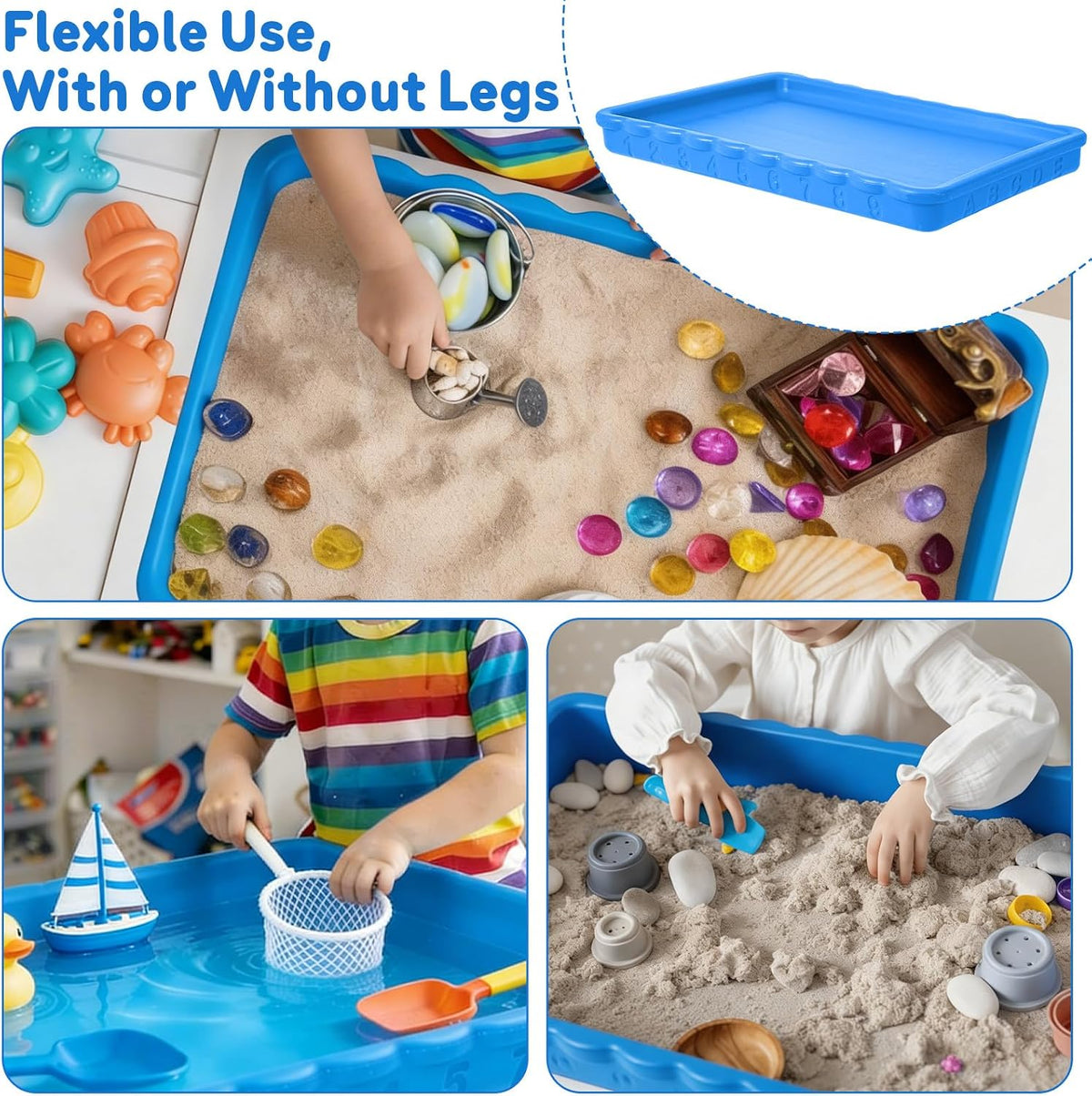FUNLIO Mesa sensorial para niños (35 x 24 pulgadas), mesa sensorial rectangular de altura ajustable, multiuso como mesa de agua y mesa de arena para interiores y exteriores, fácil de montar en 3