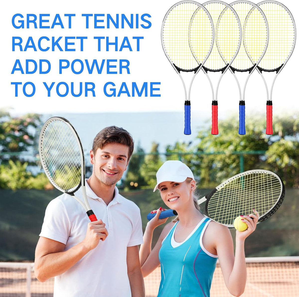 4 raquetas de tenis para adultos recreativas para 4 jugadores, raqueta de tenis ligera de 27 pulgadas con 3 pelotas de tenis para entrenar principiantes con bolsa de transporte