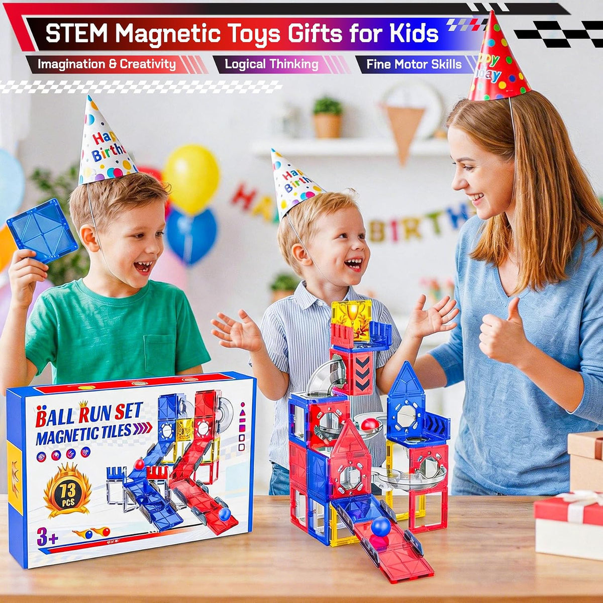 73 piezas de azulejos magnéticos Marble Run para niños, pista de carreras de