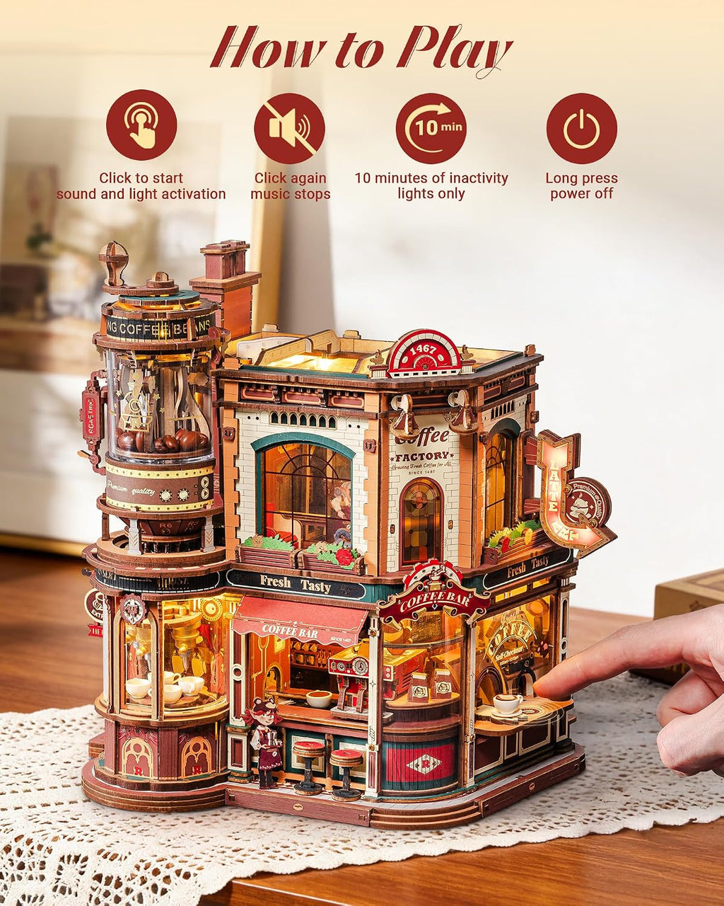 ROKR Dream Coffee Factory, modelo de caja de música de madera, rompecabezas mecánicos 3D de madera para adultos, kit de construcción con luces LED móviles, kit de casa en miniatura, regalo de