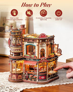 ROKR Dream Coffee Factory, modelo de caja de música de madera, rompecabezas mecánicos 3D de madera para adultos, kit de construcción con luces LED móviles, kit de casa en miniatura, regalo de