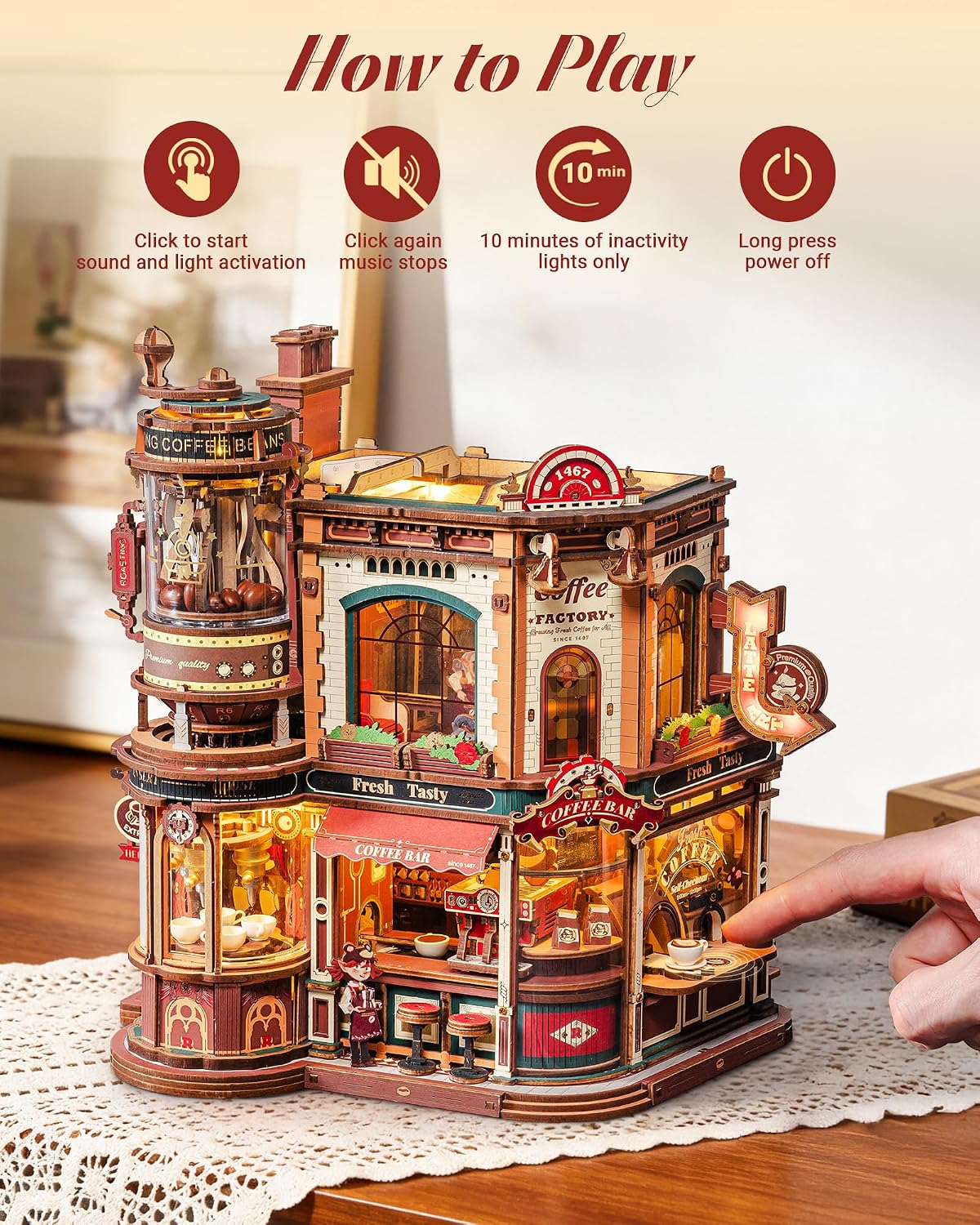 ROKR Dream Coffee Factory, modelo de caja de música de madera, rompecabezas mecánicos 3D de madera para adultos, kit de construcción con luces LED móviles, kit de casa en miniatura, regalo de