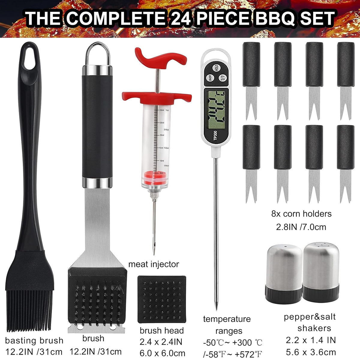 Juego de 24 Piezas de Herramientas para Parrilla BBQ con Termómetro de Carne e Inyector - Tenedor de Acero Inoxidable Extra Grueso, Espátula y Pinzas - Accesorios Completos para BBQ en